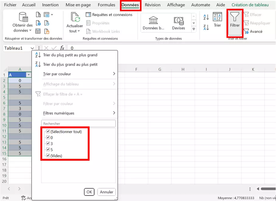 Excel : filtre permettant de supprimer les lignes vides dans Excel