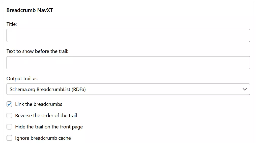 Capture d’écran des possibilités de configuration de Breadcrumb NavXT dans les widgets