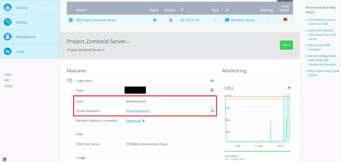 Informations de connexion pour votre serveur dans le Cloud Panel