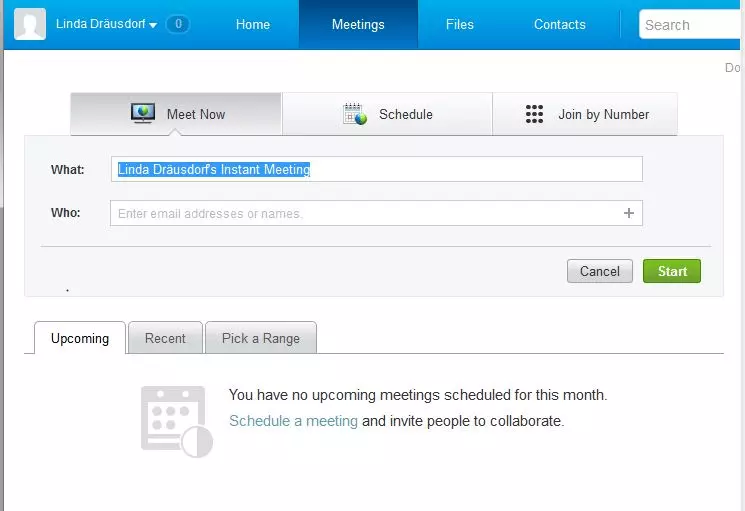 WebEx : rubrique « Meetings »