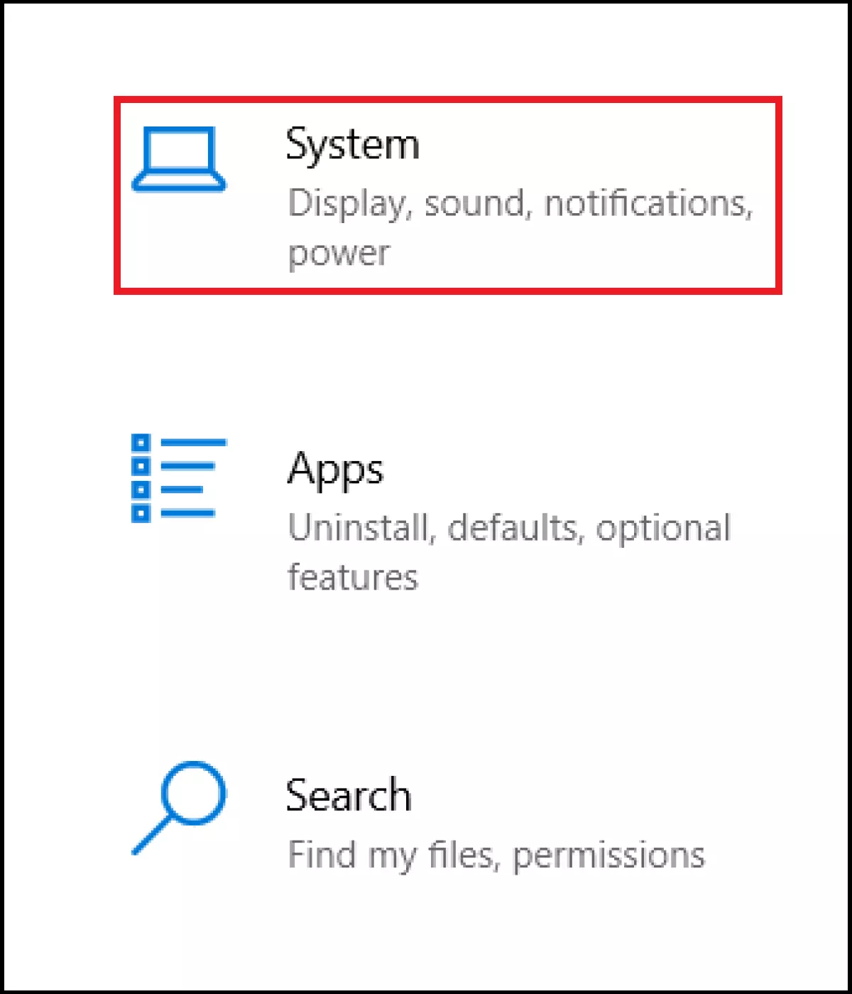 Windows 10 : menu général des paramètres Windows