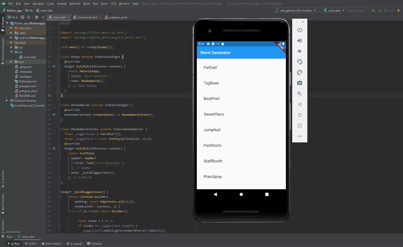 Android Studio et la machine virtuelle Android avec notre application Flutter