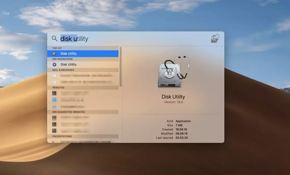 Recherche avec Spotlight dans macOS : utilitaire de disque ou Disk Utility dans la version anglaise