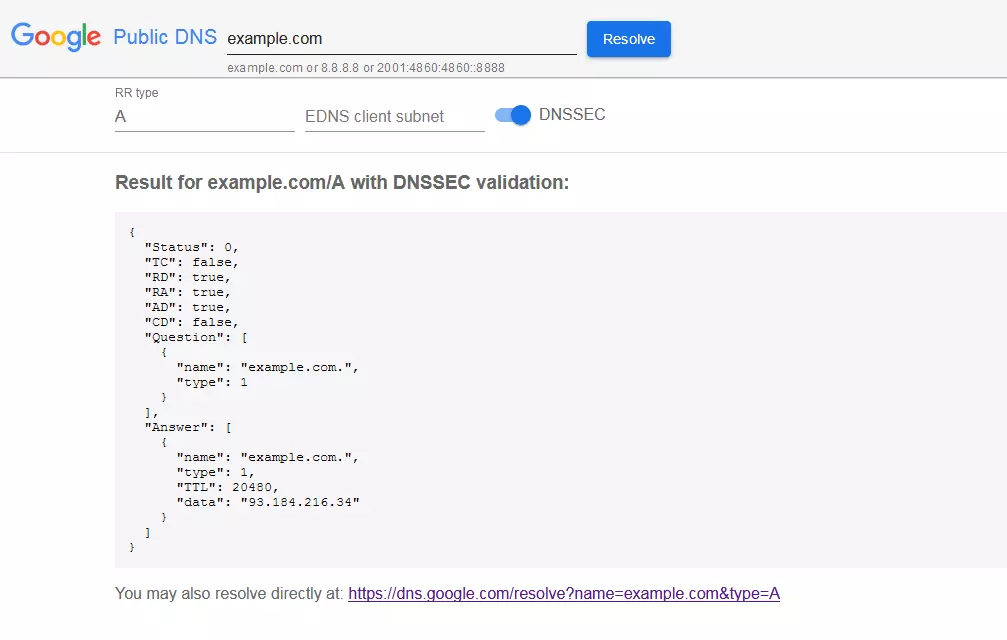 Résultat d’une recherche inversée proposée par le service Google Public DNS