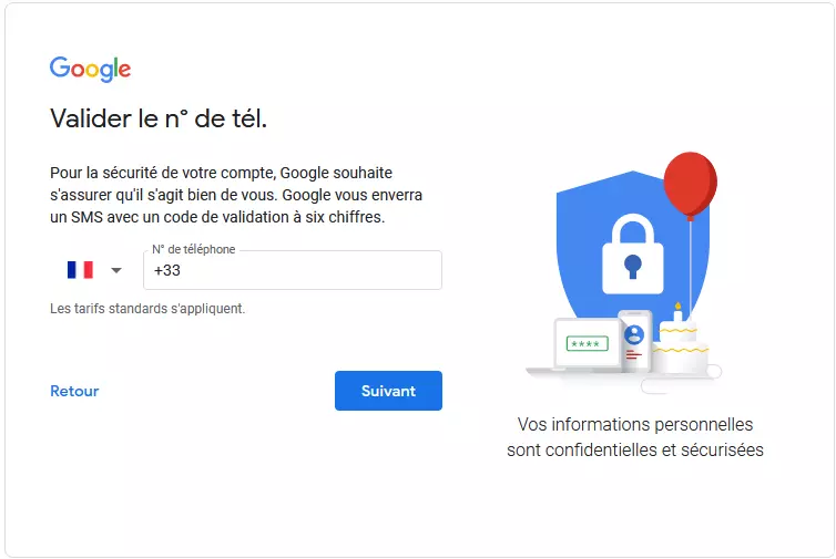 Page d’inscription Google relative à la saisie d’autres données utilisateur nécessaires