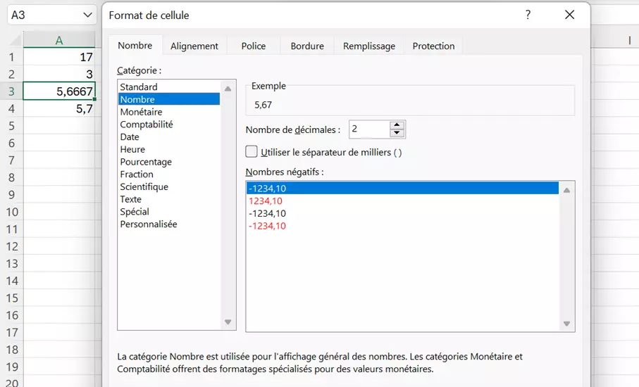 Excel : format des cellules