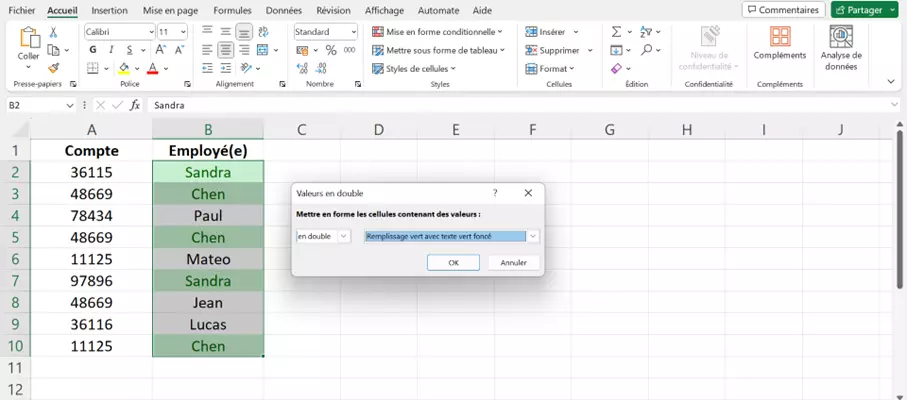 Excel : marquer les valeurs en double
