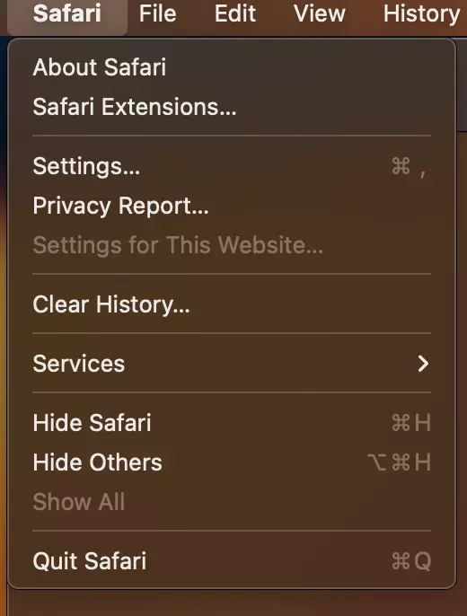 Capture d’écran du menu dans Safari