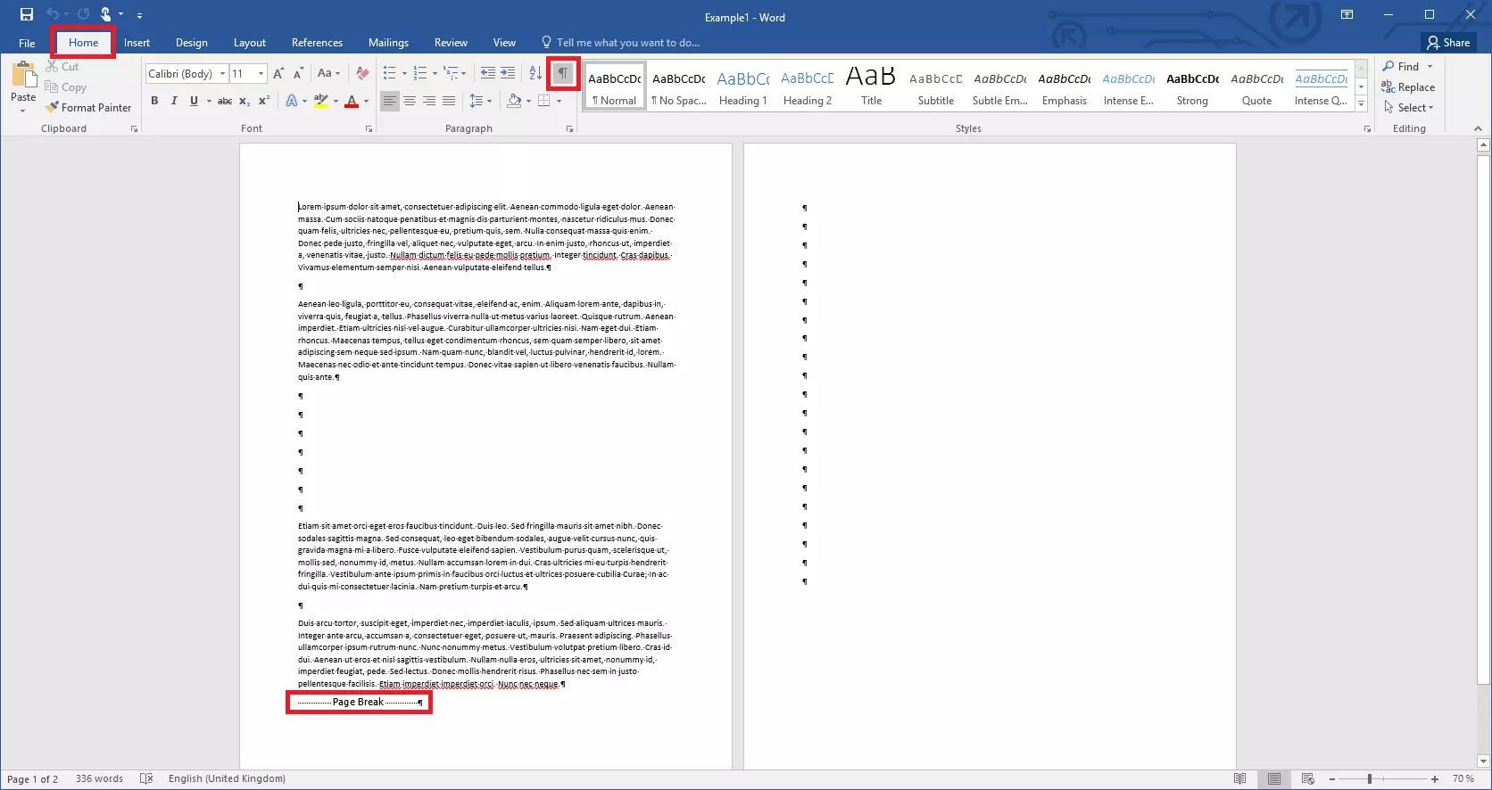 Caractères de contrôle visibles permettant de supprimer des pages dans Word