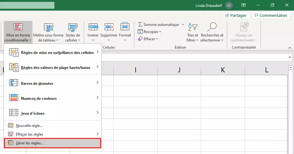 Menu Excel « Mise en forme conditionnelle »