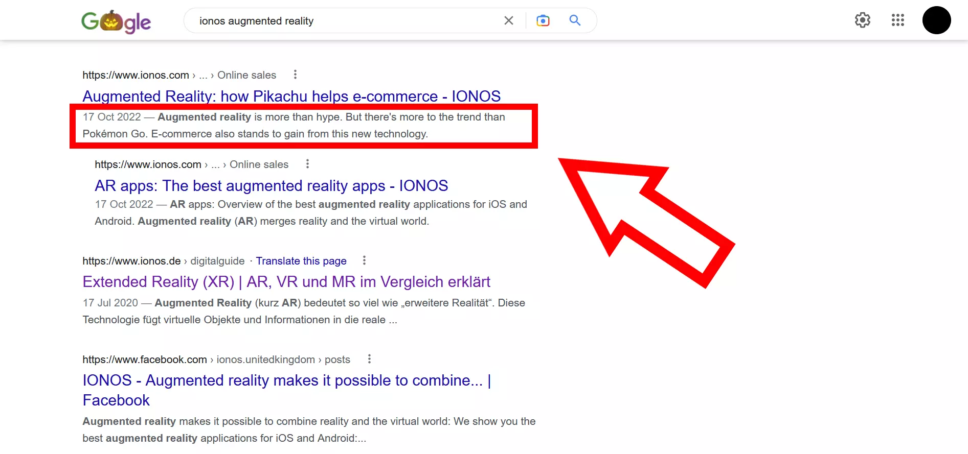 Capture d’écran des résultats de recherche Google et exemples de méta descriptions pour « ionos augmented reality »