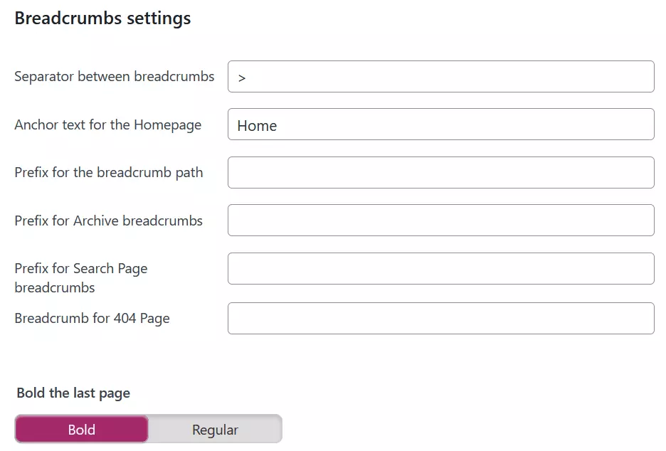 Capture d’écran des paramètres de breadcrumb de Yoast SEO dans WordPress