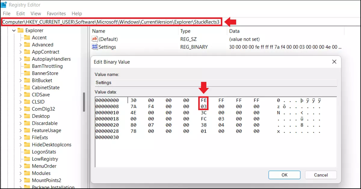 Le sous-menu du registre « Settings » pour la position de la barre des tâches