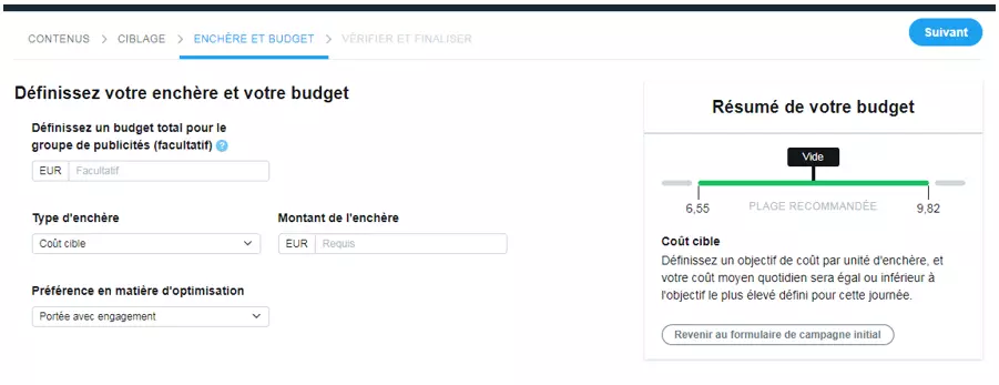 La partie « Enchères et budget » de Twitter Ads