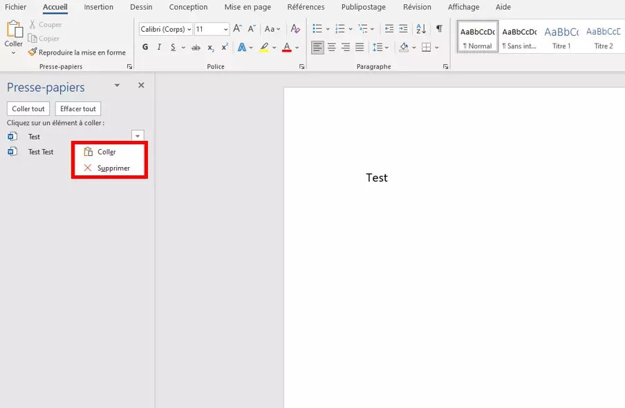 Coller l‘élément du presse-papiers dans Word