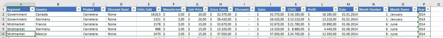 Exemple de tableau Excel 2016 avec une ligne sélectionnée