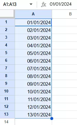 Capture d’écran de Google Sheets après que les dates ont été complétées