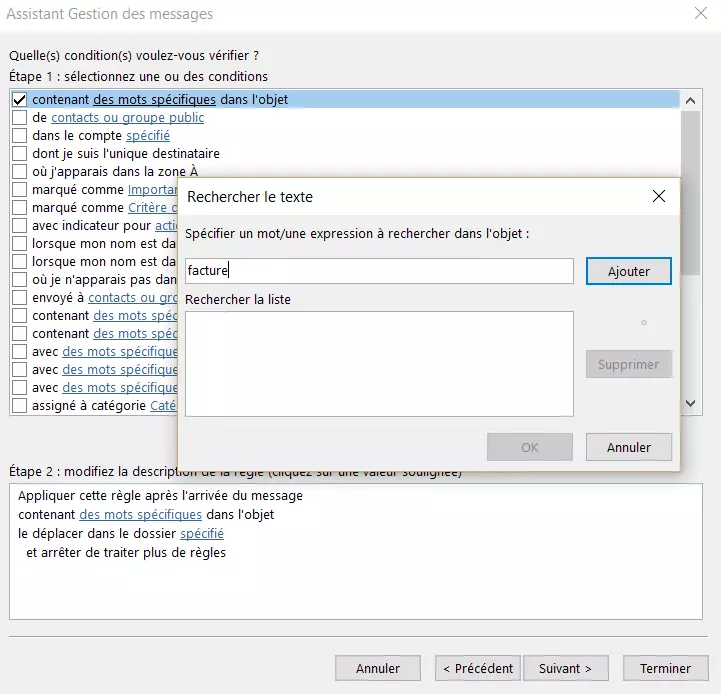 Assistant de règles Outlook : modification de la condition de la règle