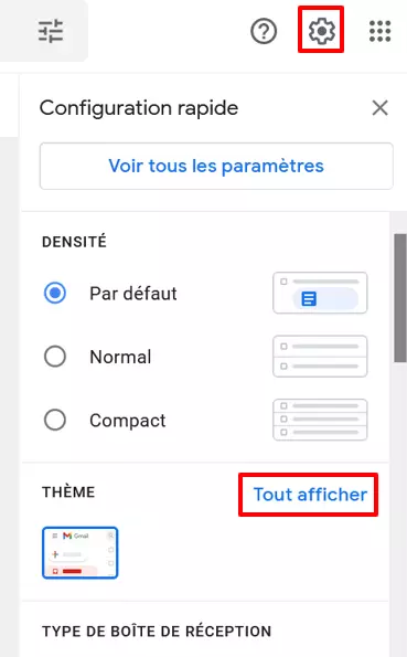 Section « Thème » du menu « Configuration rapide » de Gmail