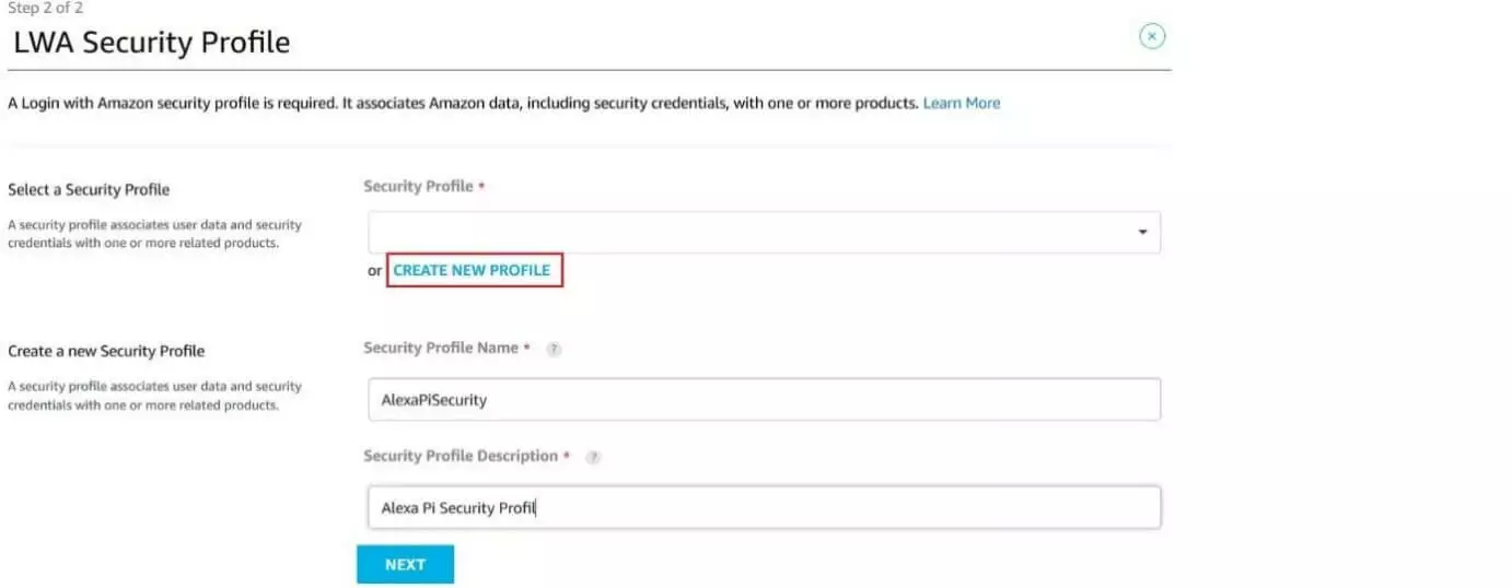 Menu de développeur Amazon « LWA Security Profile »