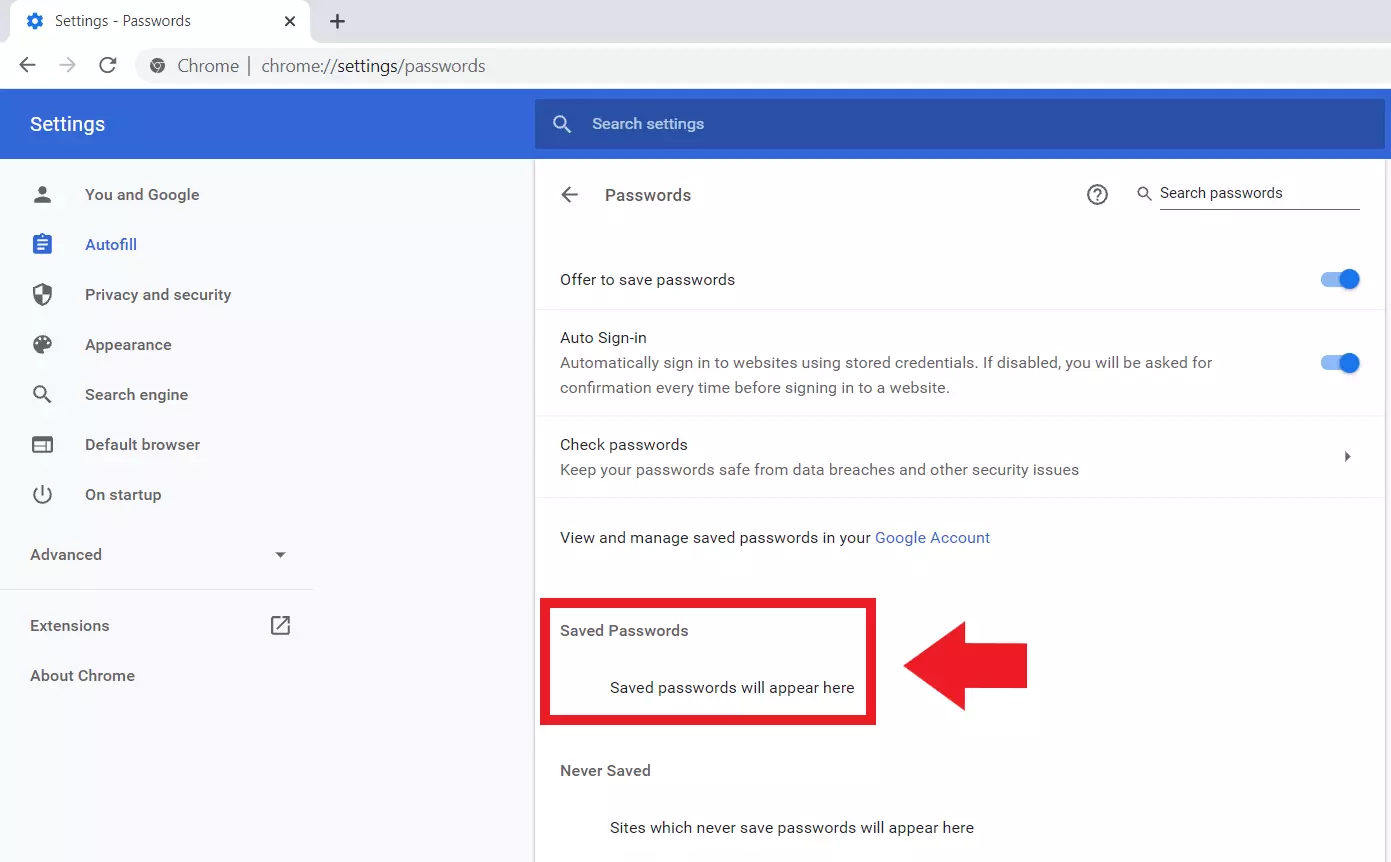 Google Chrome : menu « Mots de passe », rubrique « Mots de passe enregistrés »