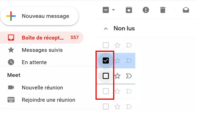 Cases à cocher de la boîte de réception Gmail à côté des messages