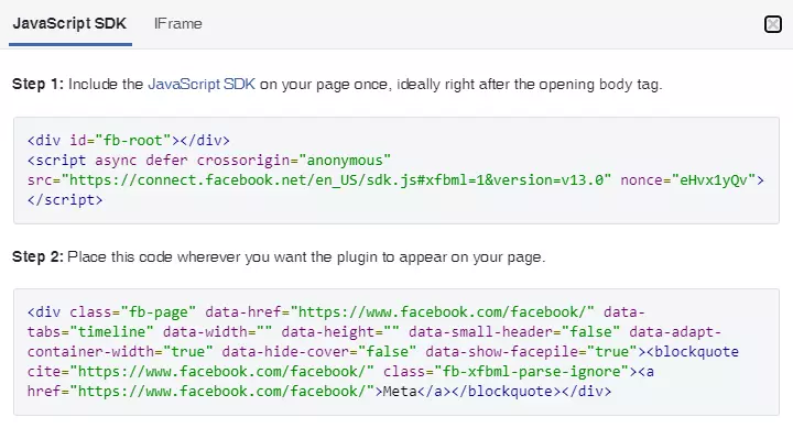 Snippets de code du site des développeurs de Facebook à intégrer sur un site Web