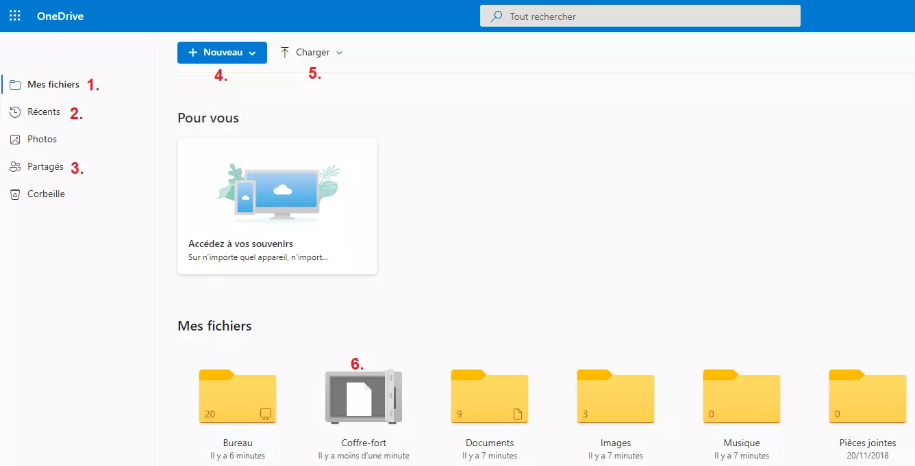 Capture d’écran du menu OneDrive avec un compte Microsoft