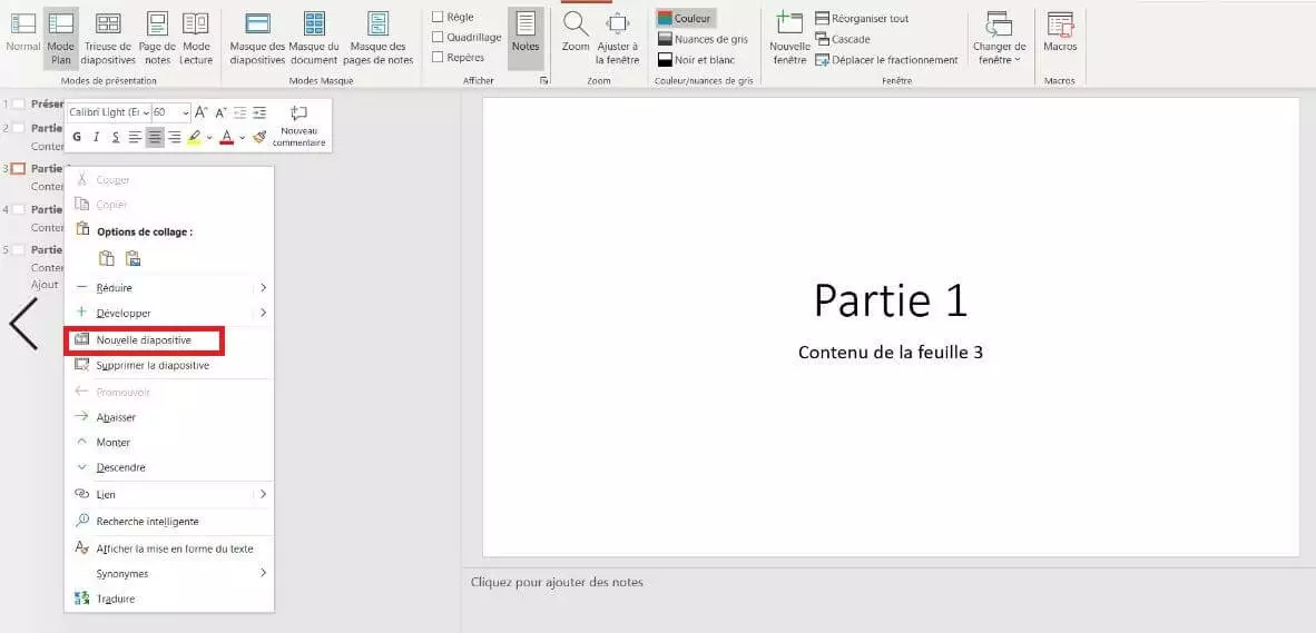 mode plan de Powerpoint : ajouter une nouvelle diapositive