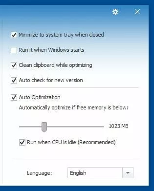 Menu des options de Wise memory Optimizer