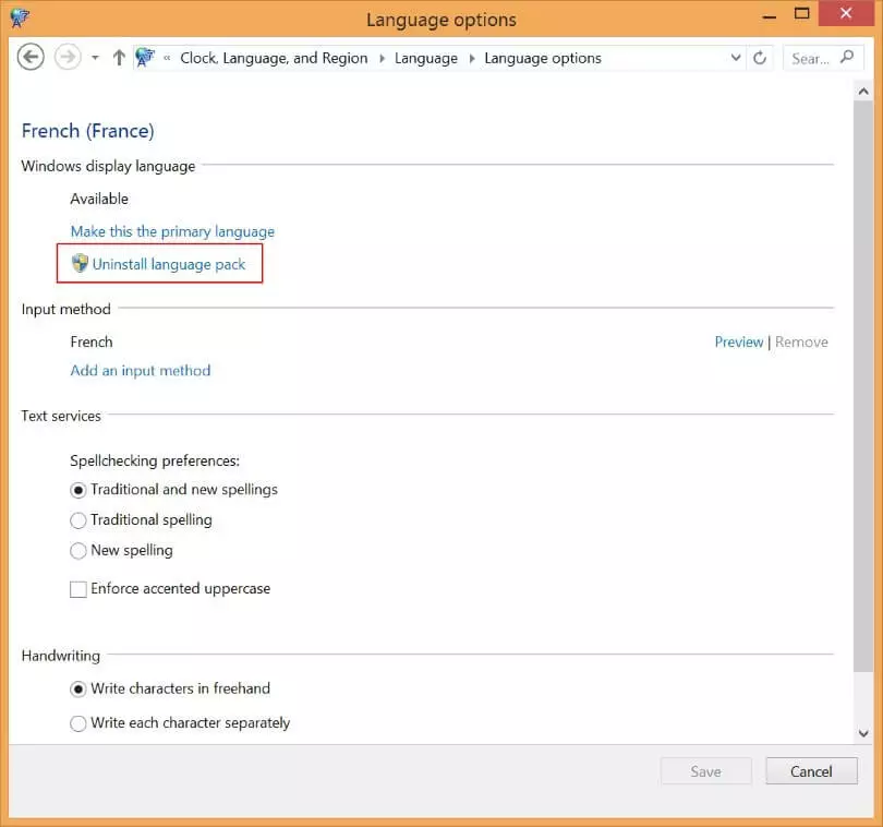 Désinstallation d’un module linguistique sous Windows 8