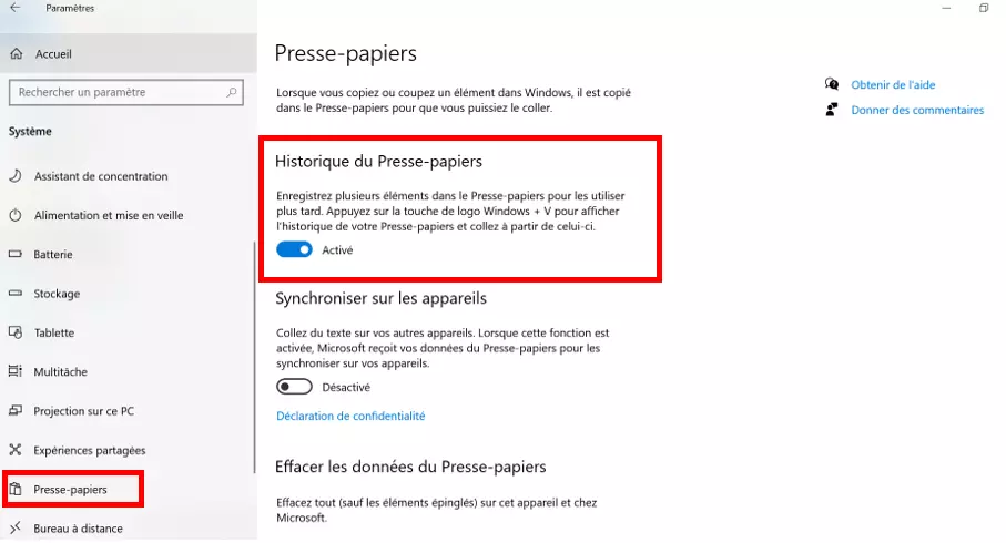 Presse-papiers dans les paramètres de Windows avec l’« Historique du Presse-Papiers »