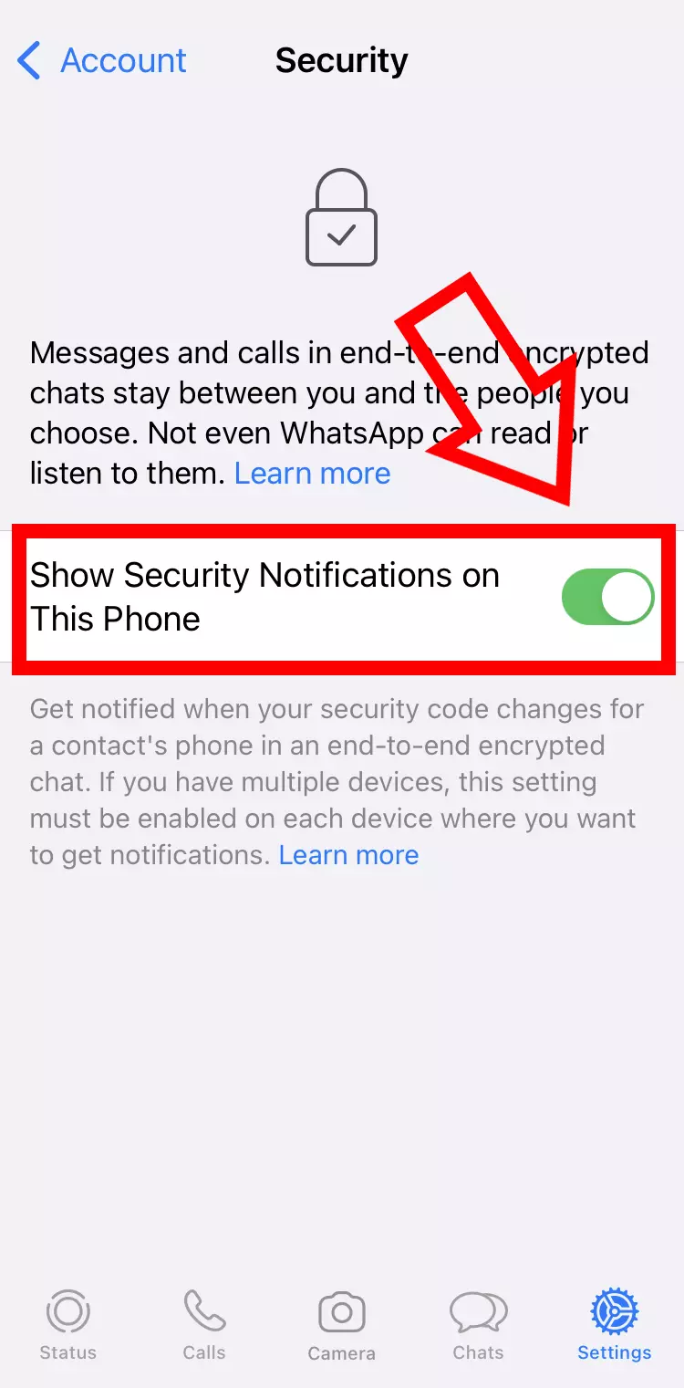 Capture d’écran iPhone de la partie « Sécurité » dans les réglages du compte WhatsApp