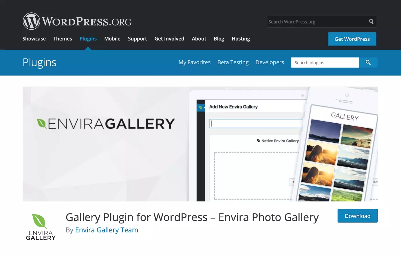 Envira Photo Gallery pour WordPress peut être téléchargé sur WordPress.org