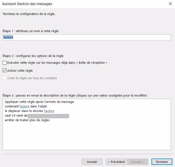 Assistant de règles Outlook : options de dénomination et de contrôle
