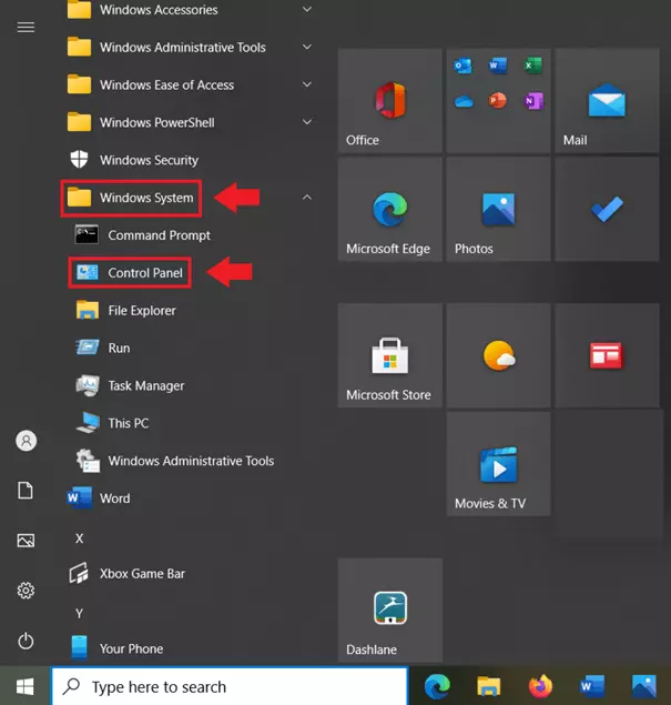 Allez dans « Système Windows » et « Panneau de configuration » en bas du menu « Démarrer » de Windows