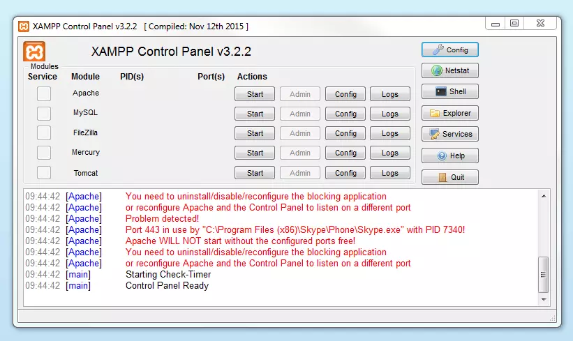 Modules interactifs sur le panneau de contrôle XAMPP