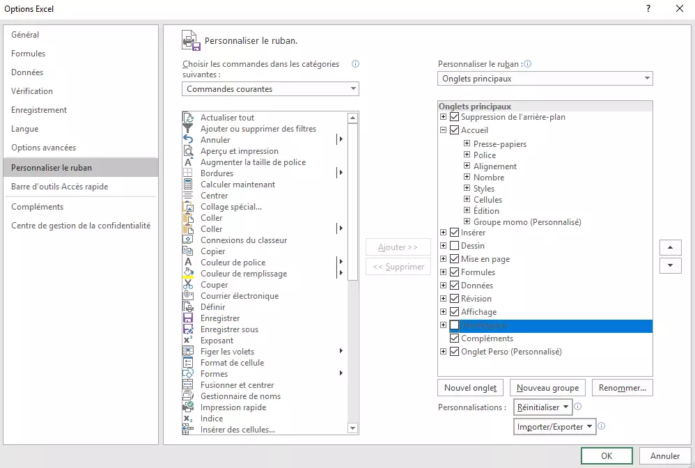 Menu d’options d’Excel : « Personnaliser le ruban »