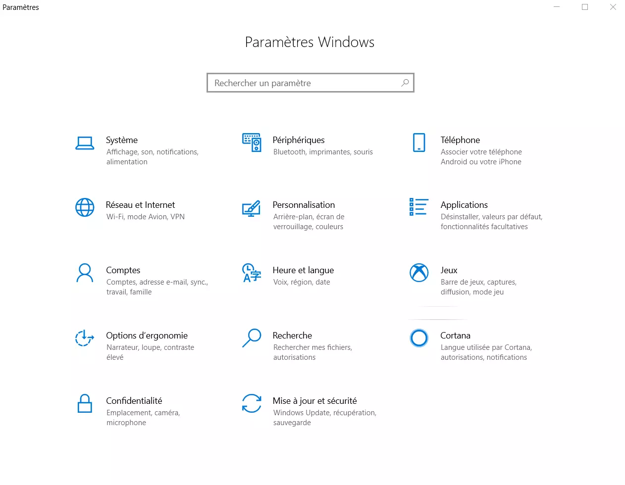 Panneau de préférences dans Windows