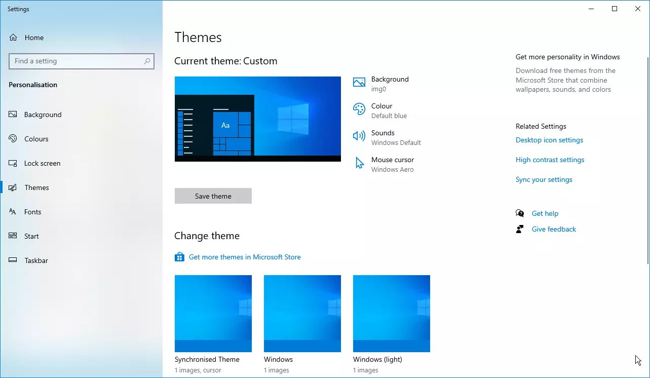 Paramètres Windows 10 : personnalisation / thèmes