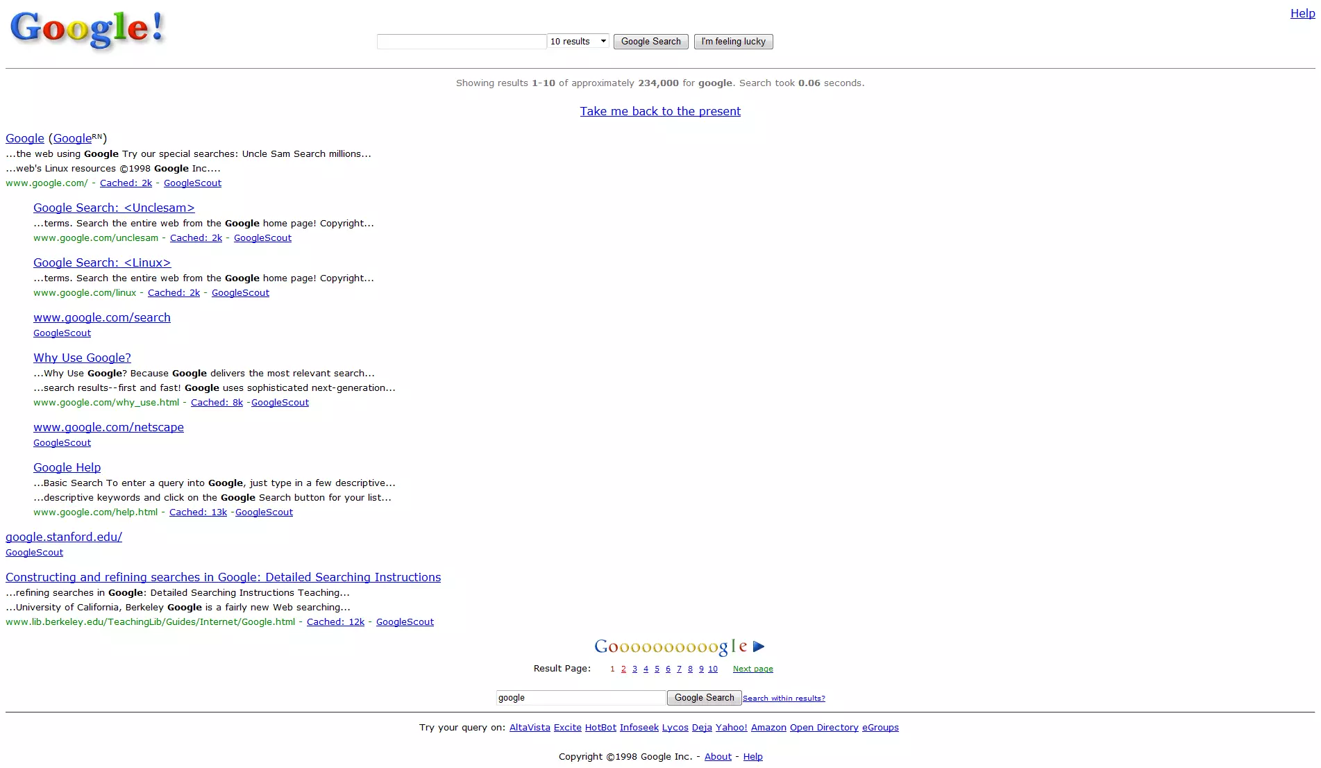 page de résultats de recherche Google en 1998