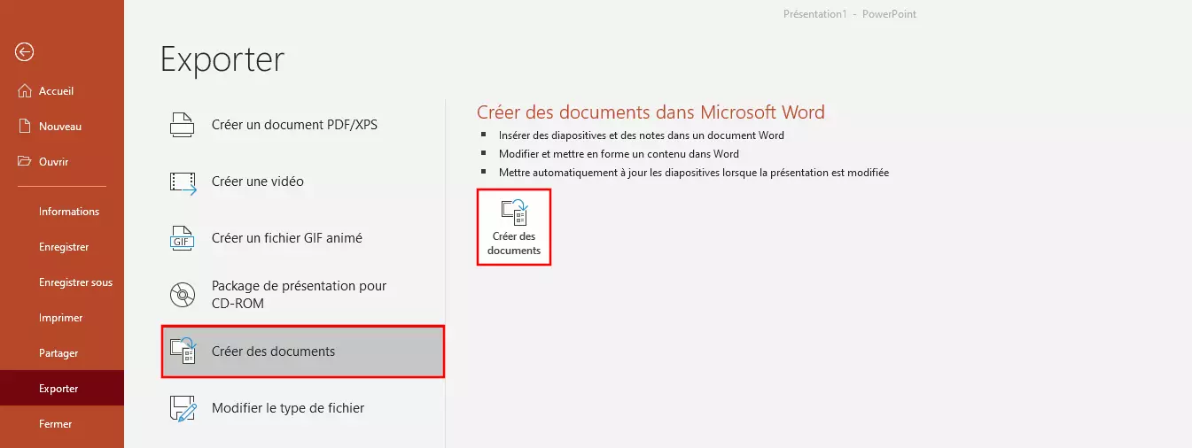 Convertir un PowerPoint en Word avec la fonction « Créer des documents »