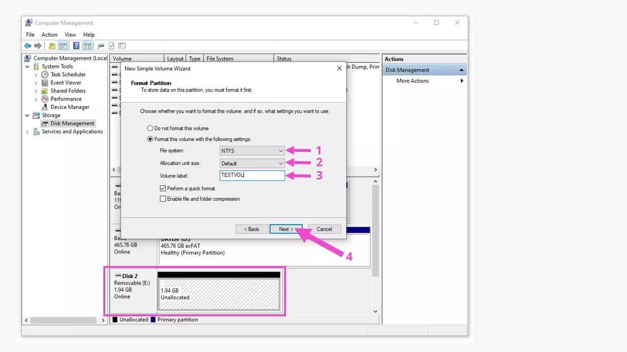 Gestion des disques Windows avec le menu de mise en place de partitions