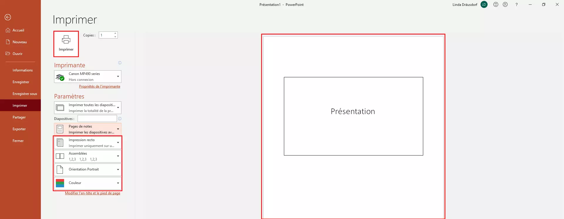 Impression de PowerPoint avec notes : paramètres d’impression