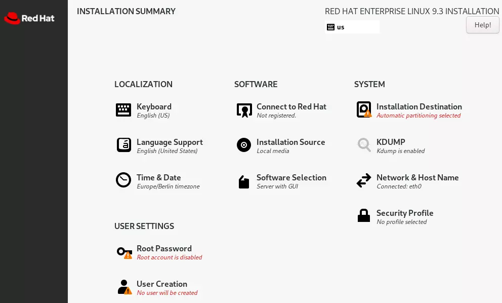 Capture d’écran du résumé d’installation de RHEL 9