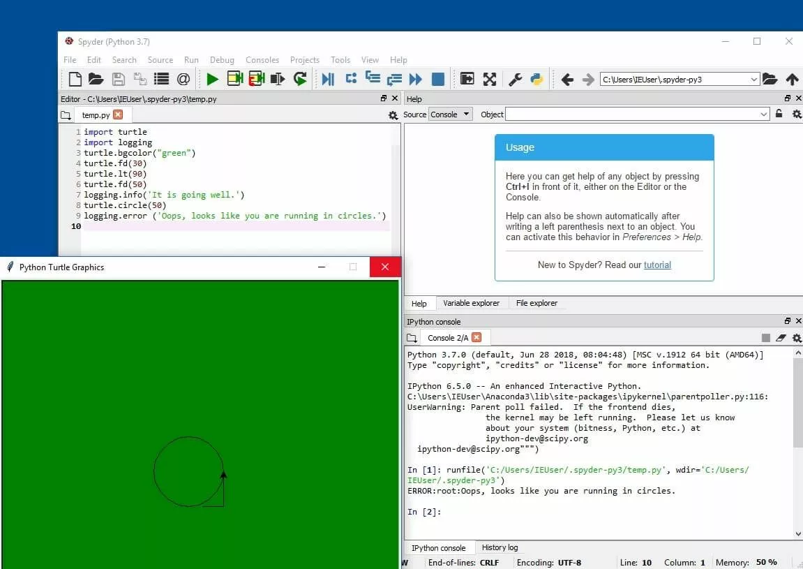 Fonctions de journalisation Python entre des commandes Turtle simples avec rendu graphique des commandes et enregistrement de la journalisation dans la console.