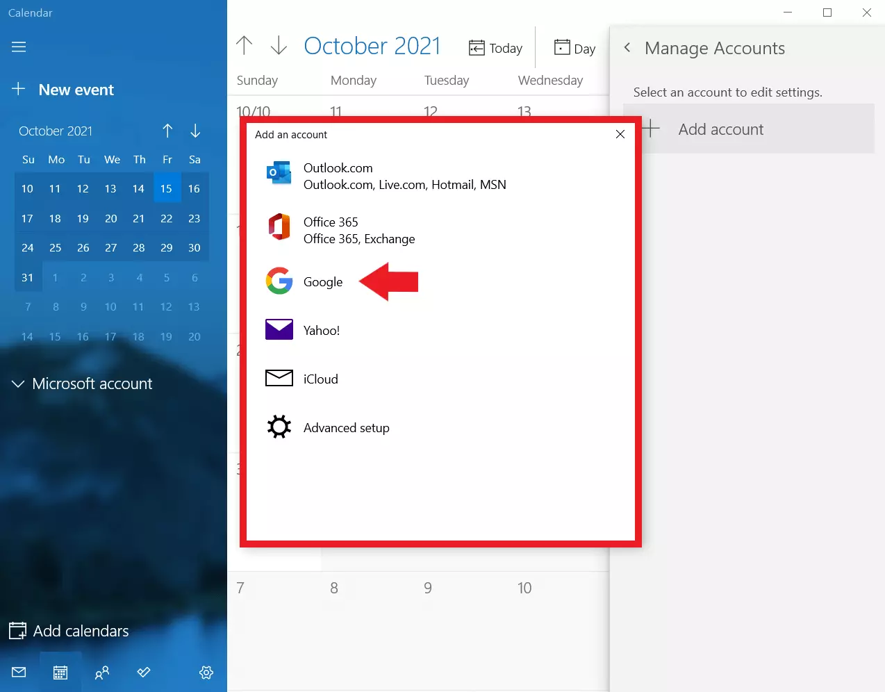 Calendrier Windows : ajouter Google comme compte