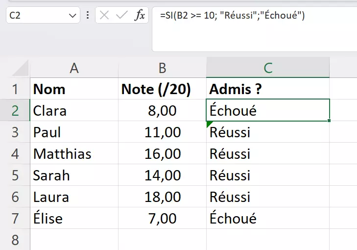 Distinction entre les examens réussis et les examens non réussis