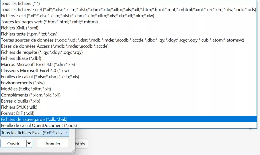 Excel : ouvrir un fichier de sauvegarde