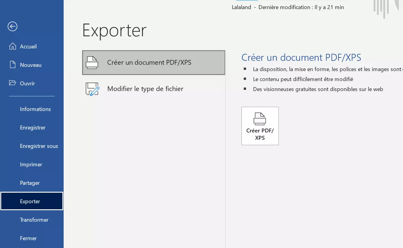 Enregistrer un fichier texte dans Word en l’exportant comme PDF